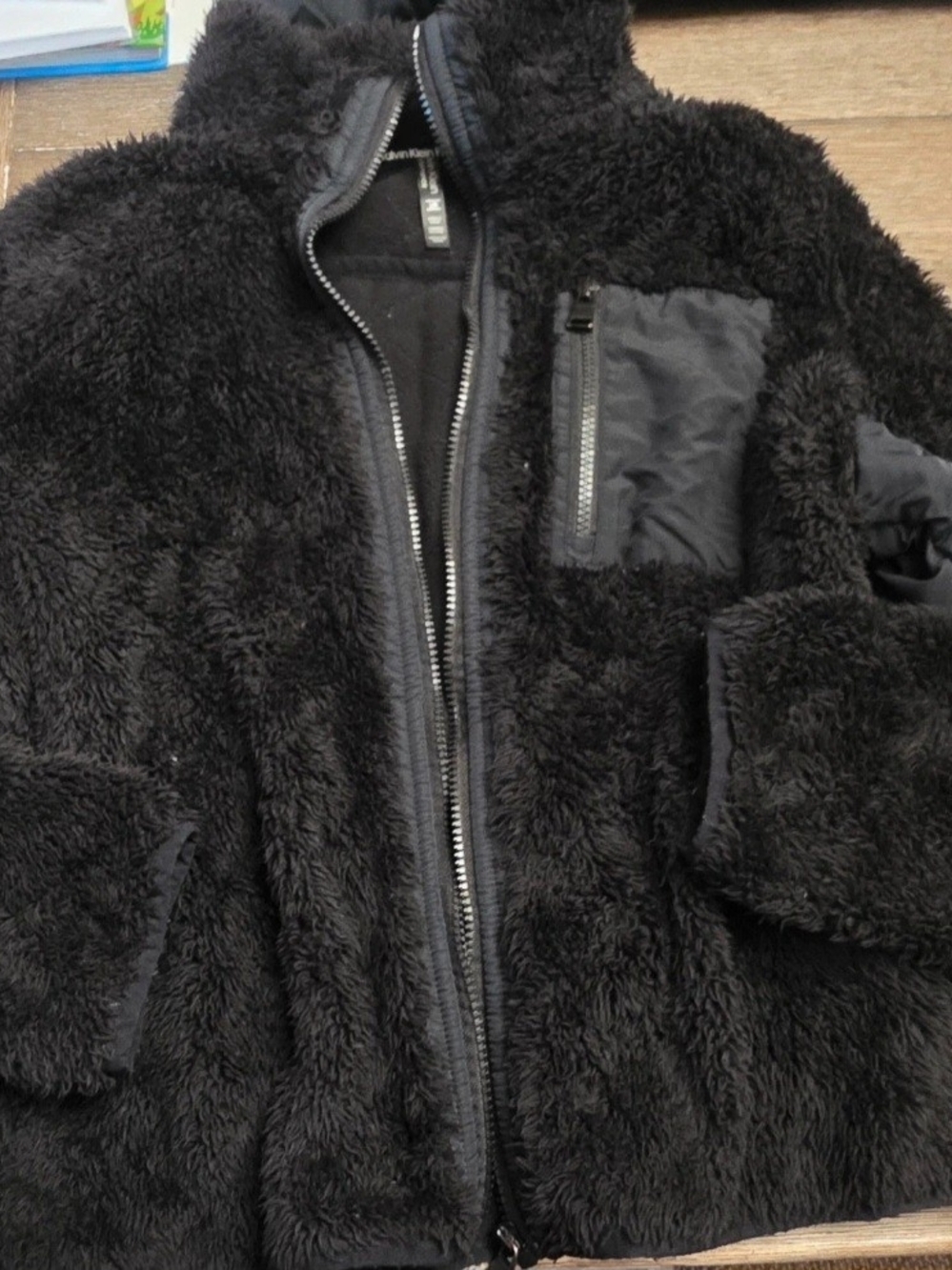 Calvin Klein Women's Black Sherpa Puffer Jacket with Zip Chest Pocket